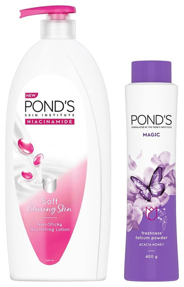 POND's Triple Vitamin Moisturising Body Lotion 600 ml&POND's Magic Acacia Honey Fragrance Talcum Powder 400 G, Cooling Fresh Talc For Face & Body - For Men & Women